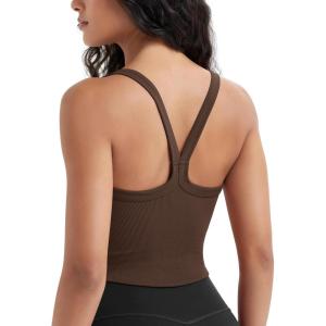 image:imageODODOS Womens Seamless Crop Cami Wide Scoop Neck Ribbed Soft Open Racerback Cropped TankBrunette