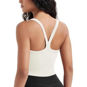 image:imageODODOS Womens Seamless Crop Cami Wide Scoop Neck Ribbed Soft Open Racerback Cropped TankMilk White