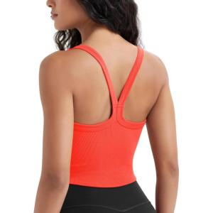 image:imageODODOS Womens Seamless Crop Cami Wide Scoop Neck Ribbed Soft Open Racerback Cropped TankNeon Coral