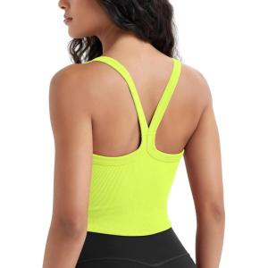 image:imageODODOS Womens Seamless Crop Cami Wide Scoop Neck Ribbed Soft Open Racerback Cropped TankNeon Green