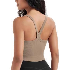 image:imageODODOS Womens Seamless Crop Cami Wide Scoop Neck Ribbed Soft Open Racerback Cropped TankTaupe