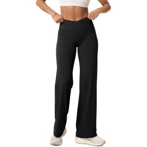image:imageODODOS Hidden Scrunch Butt Lifting Crossover Straight Leg Leggings for Women  No Front Seam High Waist Yoga Pants 31Black