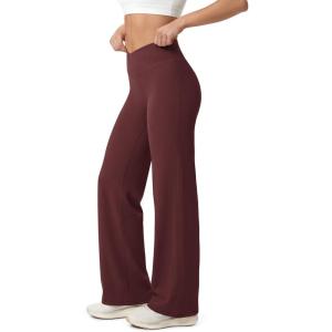 image:imageODODOS Hidden Scrunch Butt Lifting Crossover Straight Leg Leggings for Women  No Front Seam High Waist Yoga Pants 31Burgundy
