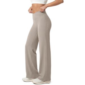 image:imageODODOS Hidden Scrunch Butt Lifting Crossover Straight Leg Leggings for Women  No Front Seam High Waist Yoga Pants 31Dark Beige