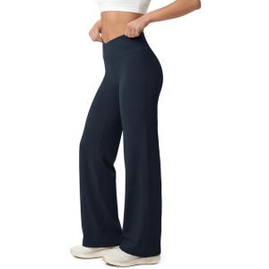 image:imageODODOS Hidden Scrunch Butt Lifting Crossover Straight Leg Leggings for Women  No Front Seam High Waist Yoga Pants 31Deep Navy