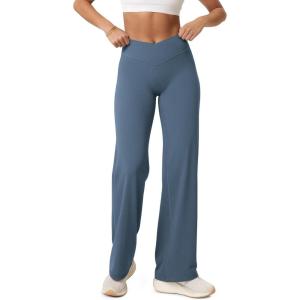 image:imageODODOS Hidden Scrunch Butt Lifting Crossover Straight Leg Leggings for Women  No Front Seam High Waist Yoga Pants 31Ink Blue