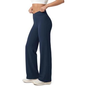 image:imageODODOS Hidden Scrunch Butt Lifting Crossover Straight Leg Leggings for Women  No Front Seam High Waist Yoga Pants 31Navy
