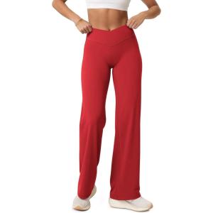 image:imageODODOS Hidden Scrunch Butt Lifting Crossover Straight Leg Leggings for Women  No Front Seam High Waist Yoga Pants 31Red