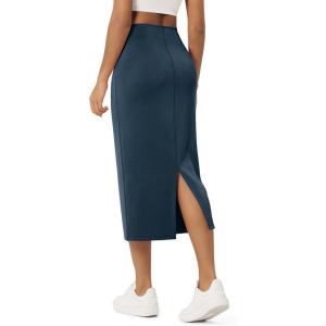 image:imageODODOS Modal Soft Midi Skirt for Women Back Slit High Waist Casual Long Pencil Skirts with PocketsDeep Blue