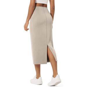 image:imageODODOS Modal Soft Midi Skirt for Women Back Slit High Waist Casual Long Pencil Skirts with PocketsSmokey Taupe