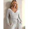 image:imageODODOS Womens Waist Tie Wrap Top  Ultra Soft odSTRATUM Tech UPF 50 Long Sleeve Cropped Ballet Yoga Shirt with ThumbholesSalt Heather