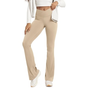 image:imageODODOS Crossover Flare Leggings for Women Wide Leg Lounge Casual Bootcut VShaped Yoga Pants with Back PocketBeige