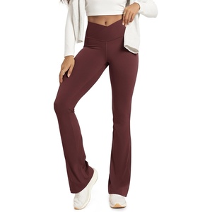 image:imageODODOS Crossover Flare Leggings for Women Wide Leg Lounge Casual Bootcut VShaped Yoga Pants with Back PocketBurgundy