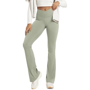 image:imageODODOS Crossover Flare Leggings for Women Wide Leg Lounge Casual Bootcut VShaped Yoga Pants with Back PocketLime Stone