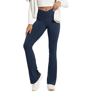 image:imageODODOS Crossover Flare Leggings for Women Wide Leg Lounge Casual Bootcut VShaped Yoga Pants with Back PocketNavy