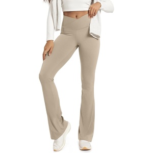 image:imageODODOS Crossover Flare Leggings for Women Wide Leg Lounge Casual Bootcut VShaped Yoga Pants with Back PocketShaker Beige