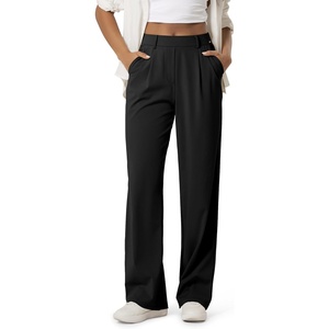 image:imageODODOS Womens HighRise Wide Leg Trousers Adjustable Tailored Stretch Work Pants with Pockets 29 31 33 InseamBlack