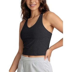 image:imageODODOS Womens Performance Racerback VNeck Crop Tank with Builtin Bra Ultra Soft odSTRATUM Tech Light Support Yoga BraBlack Heather