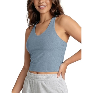 image:imageODODOS Womens Performance Racerback VNeck Crop Tank with Builtin Bra Ultra Soft odSTRATUM Tech Light Support Yoga BraDusty Blue Heather