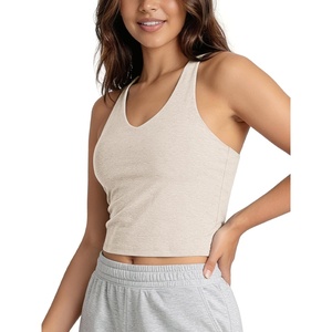 image:imageODODOS Womens Performance Racerback VNeck Crop Tank with Builtin Bra Ultra Soft odSTRATUM Tech Light Support Yoga BraEcru Heather