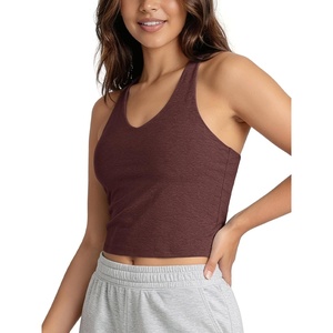 image:imageODODOS Womens Performance Racerback VNeck Crop Tank with Builtin Bra Ultra Soft odSTRATUM Tech Light Support Yoga BraJava Heather