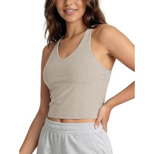 image:imageODODOS Womens Performance Racerback VNeck Crop Tank with Builtin Bra Ultra Soft odSTRATUM Tech Light Support Yoga BraMocha Heather