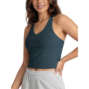 image:imageODODOS Womens Performance Racerback VNeck Crop Tank with Builtin Bra Ultra Soft odSTRATUM Tech Light Support Yoga BraNavy Heather