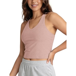 image:imageODODOS Womens Performance Racerback VNeck Crop Tank with Builtin Bra Ultra Soft odSTRATUM Tech Light Support Yoga BraRose Pink Heather