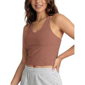image:imageODODOS Womens Performance Racerback VNeck Crop Tank with Builtin Bra Ultra Soft odSTRATUM Tech Light Support Yoga BraTamarind Heather