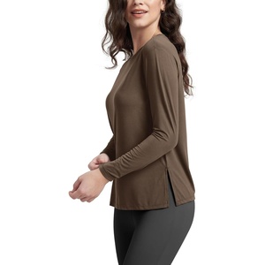 image:imageODODOS Womens Relaxed Fit Long Sleeve Shirts Boat Neck Side Slit PeachSoft Casual Lounge Yoga TopsNutria