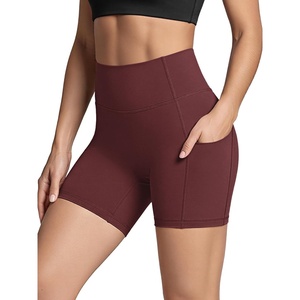 image:imageODODOS Womens Hidden Scrunch Butt Lifting Compression Shorts with Pockets 58  No Front Seam Tummy Control Biker ShortsBurgundy