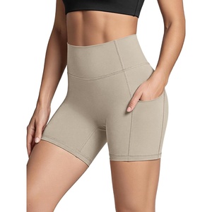 image:imageODODOS Womens Hidden Scrunch Butt Lifting Compression Shorts with Pockets 58  No Front Seam Tummy Control Biker ShortsDark Beige