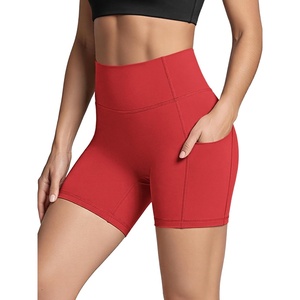 image:imageODODOS Womens Hidden Scrunch Butt Lifting Compression Shorts with Pockets 58  No Front Seam Tummy Control Biker ShortsRed