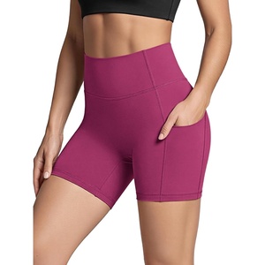 image:imageODODOS Womens Hidden Scrunch Butt Lifting Compression Shorts with Pockets 58  No Front Seam Tummy Control Biker ShortsVery Berry