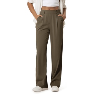 image:imageODODOS Womens HighRise Wide Leg Trousers Adjustable Tailored Stretch Work Pants with Pockets 29 31 33 InseamOlive Brown