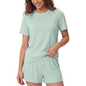 image:imageODODOS Womens Bamboo Viscose Short Sleeve Relaxed Tee Ultra Soft Ribbed Sleep Lounge Casual Everyday TopGreen Lily