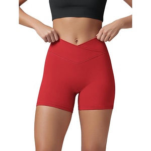 image:imageODODOS Womens Hidden Scrunch Butt Lifting Crossover Shorts  5 No Front Seam High Waist Booty Sculpting Yoga Biker ShortsRed