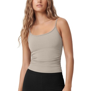 image:imageODODOS Womens Side Ruched Cami Top with Removable Pads  Buttery Soft Adjustable Strap Workout Yoga Sports BraDark Beige