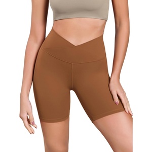 image:imageODODOS Womens Cross Waist Yoga Shorts 6 Buttery Soft Crossover High Waist Lounge Biker ShortsCaramel