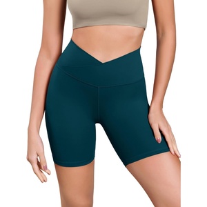 image:imageODODOS Womens Cross Waist Yoga Shorts 6 Buttery Soft Crossover High Waist Lounge Biker ShortsForest Teal