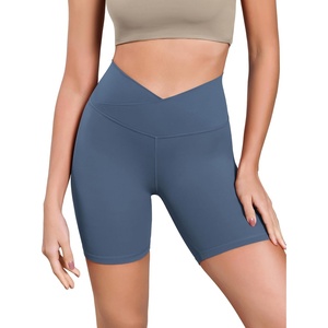 image:imageODODOS Womens Cross Waist Yoga Shorts 6 Buttery Soft Crossover High Waist Lounge Biker ShortsInk Blue