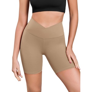 image:imageODODOS Womens Cross Waist Yoga Shorts 6 Buttery Soft Crossover High Waist Lounge Biker ShortsLight Brown