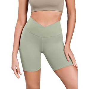 image:imageODODOS Womens Cross Waist Yoga Shorts 6 Buttery Soft Crossover High Waist Lounge Biker ShortsLime Stone