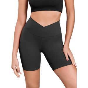 image:imageODODOS Womens Cross Waist Yoga Shorts 6 Buttery Soft Crossover High Waist Lounge Biker ShortsOnyx Black Grey