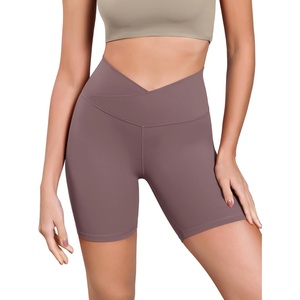 image:imageODODOS Womens Cross Waist Yoga Shorts 6 Buttery Soft Crossover High Waist Lounge Biker ShortsPurple Taupe