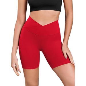 image:imageODODOS Womens Cross Waist Yoga Shorts 6 Buttery Soft Crossover High Waist Lounge Biker ShortsRed