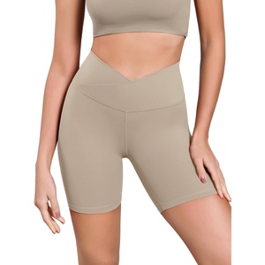 image:imageODODOS Womens Cross Waist Yoga Shorts 6 Buttery Soft Crossover High Waist Lounge Biker ShortsShaker Beige