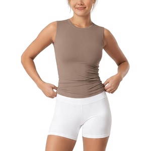 image:imageODODOS Womens Double Layer Mock Neck Sleeveless Tee UltraSoft Lightweight Basic TShirts Slim Fit Tank TopChocolate Maltcrew Neck