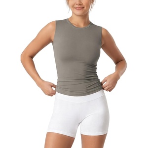 image:imageODODOS Womens Double Layer Mock Neck Sleeveless Tee UltraSoft Lightweight Basic TShirts Slim Fit Tank TopDesert Taupecrew Neck