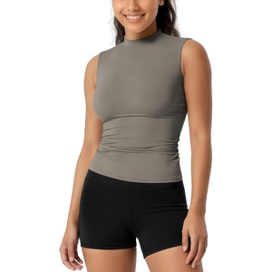 image:imageODODOS Womens Double Layer Mock Neck Sleeveless Tee UltraSoft Lightweight Basic TShirts Slim Fit Tank TopDesert Taupemock Neck